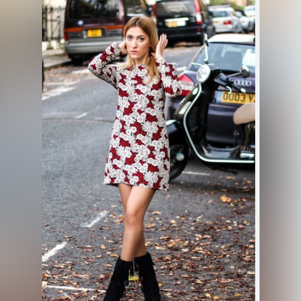 Zara Long Sleeve Bohemian, Retro Flower Mini Dress Red/White Size Large